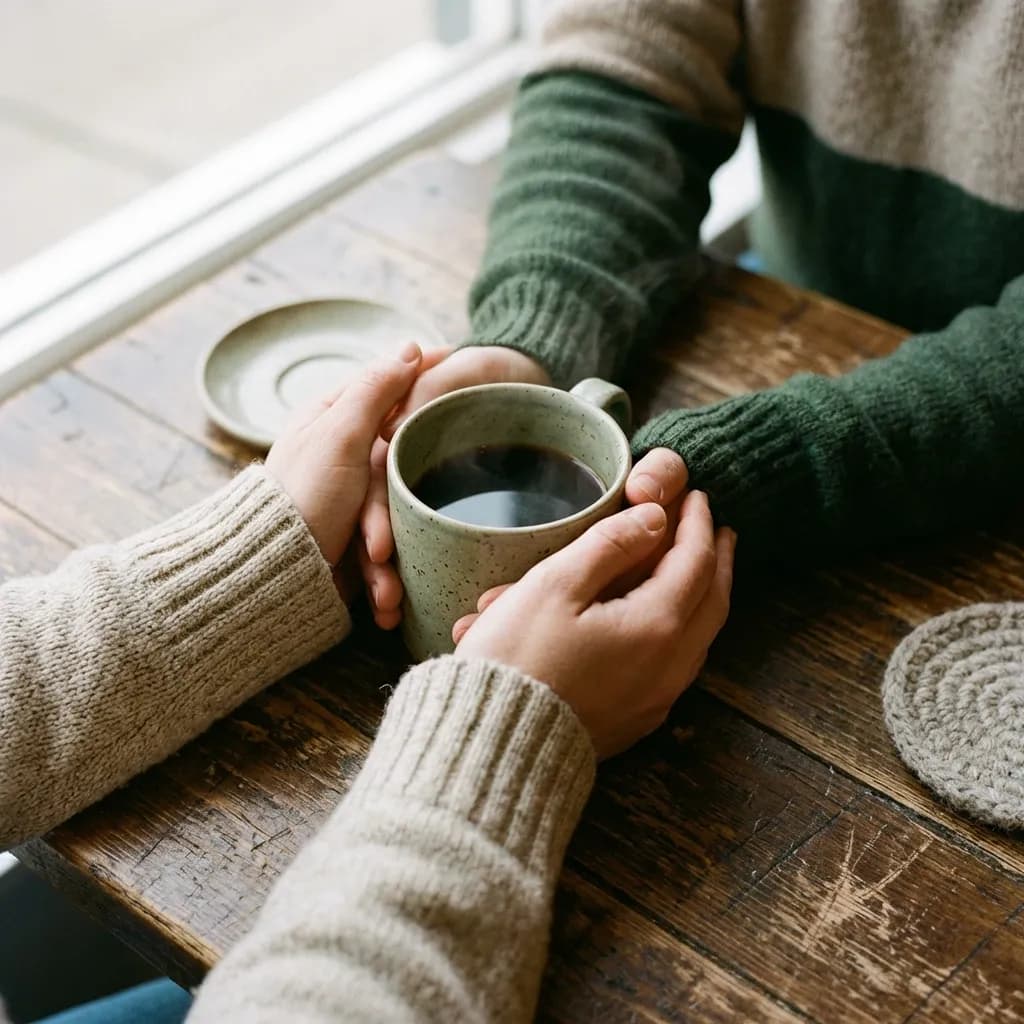Hände halten Kaffeetasse