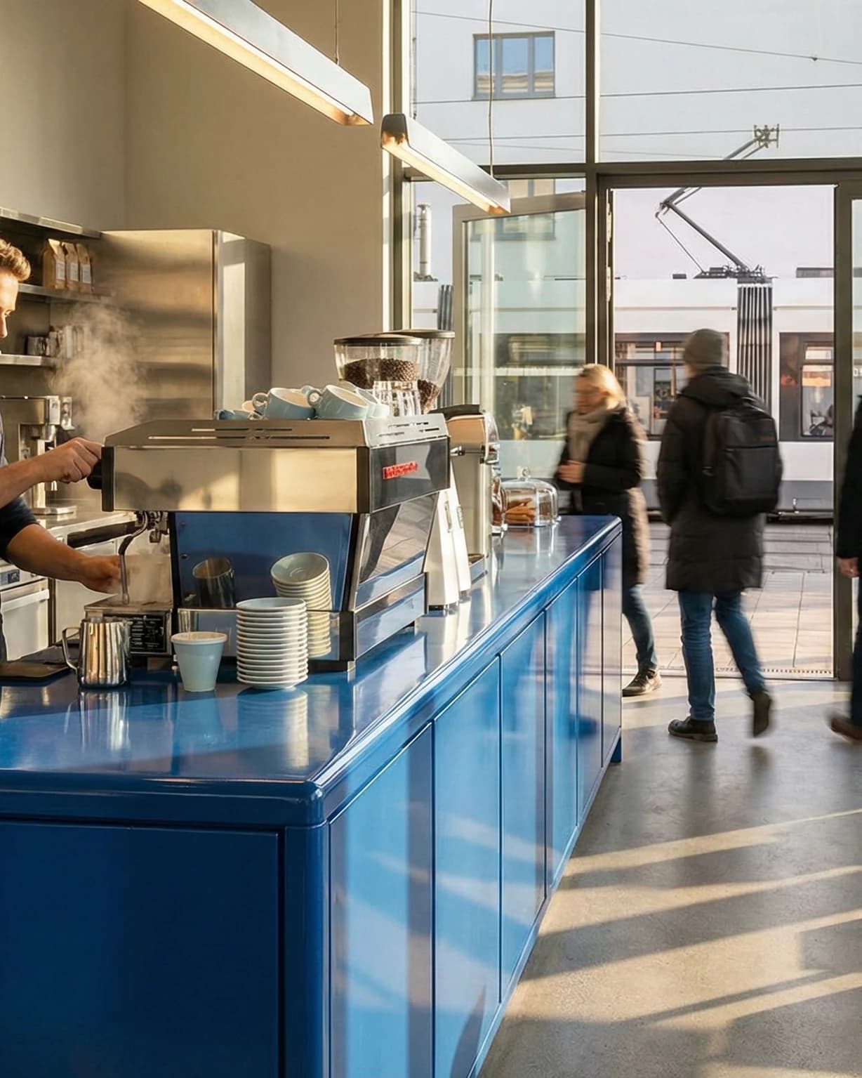 Barista bereitet Espresso an einer hellen Theke zu